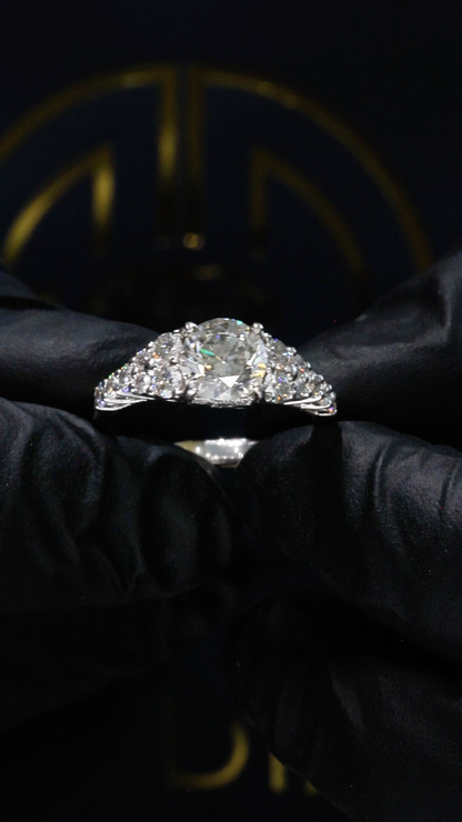 GIA Certified Natural Round Brilliant Diamond Engagement Ring with Pavé Cathedral Band in White Gold | Vintage Leaf Gallery Design