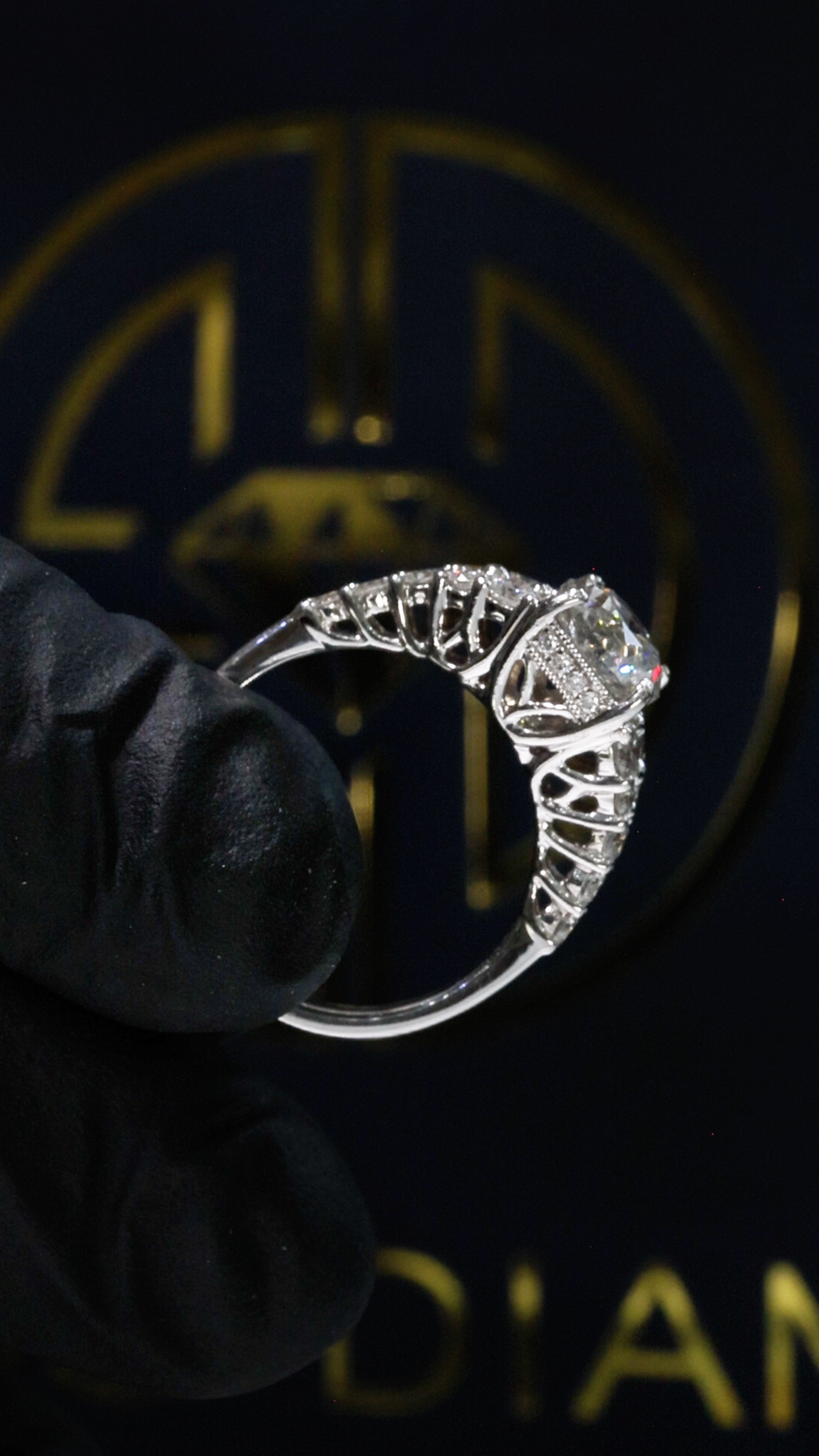 GIA Certified Natural Round Brilliant Diamond Engagement Ring with Pavé Cathedral Band in White Gold | Vintage Leaf Gallery Design