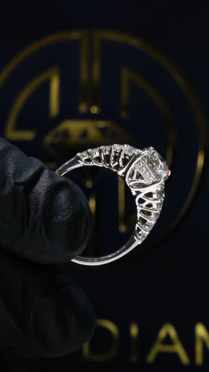 GIA Certified Natural Round Brilliant Diamond Engagement Ring with Pavé Cathedral Band in White Gold | Vintage Leaf Gallery Design
