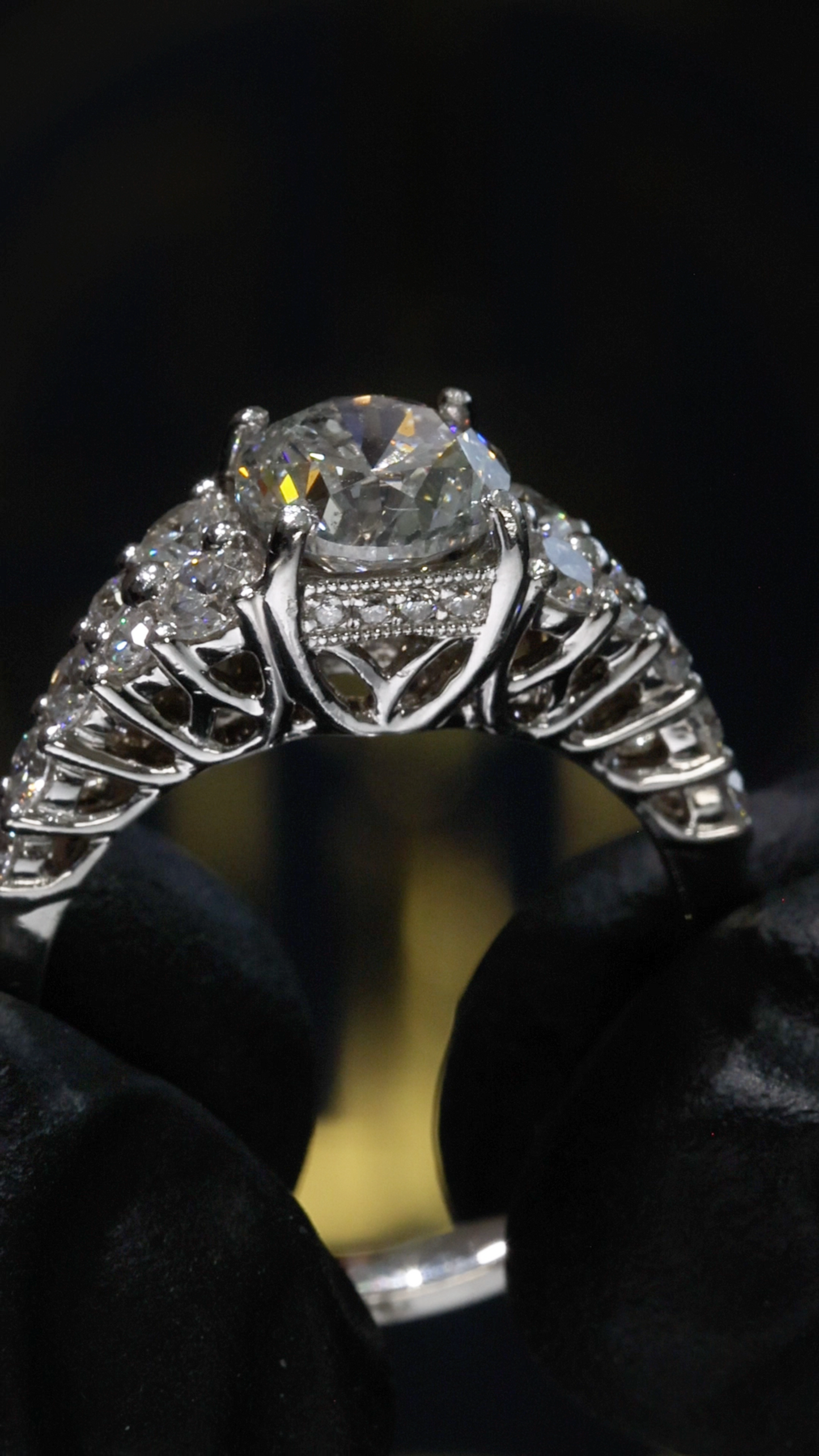 GIA Certified Natural Round Brilliant Diamond Engagement Ring with Pavé Cathedral Band in White Gold | Vintage Leaf Gallery Design