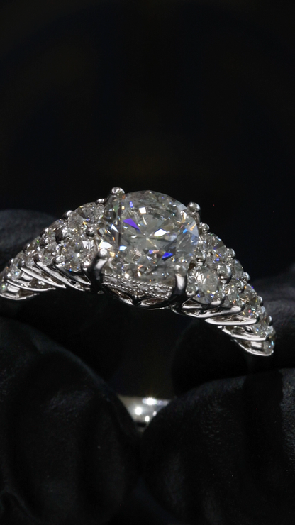 GIA Certified Natural Round Brilliant Diamond Engagement Ring with Pavé Cathedral Band in White Gold | Vintage Leaf Gallery Design