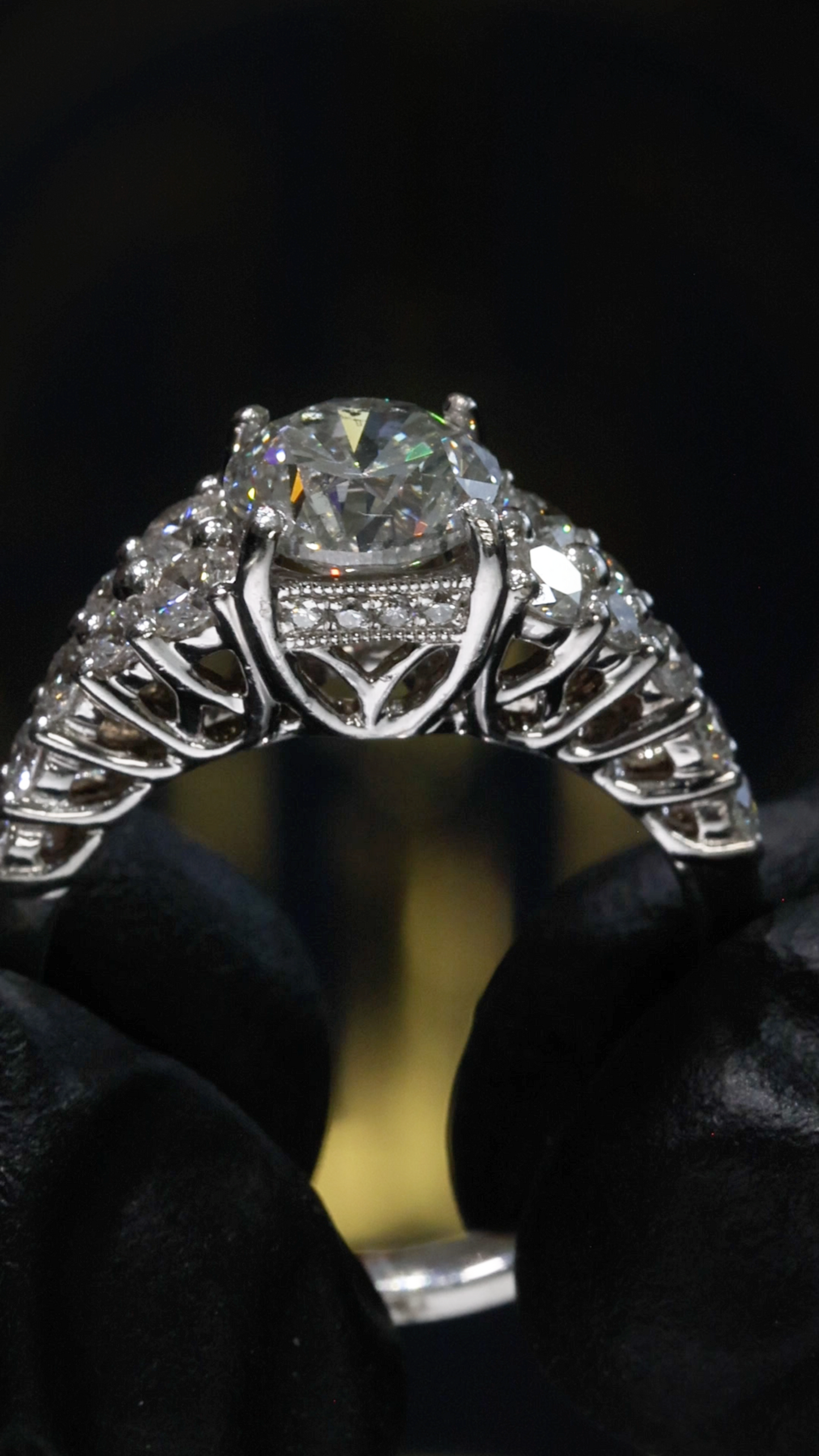 GIA Certified Natural Round Brilliant Diamond Engagement Ring with Pavé Cathedral Band in White Gold | Vintage Leaf Gallery Design