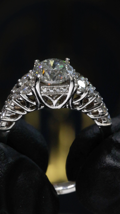 GIA Certified Natural Round Brilliant Diamond Engagement Ring with Pavé Cathedral Band in White Gold | Vintage Leaf Gallery Design