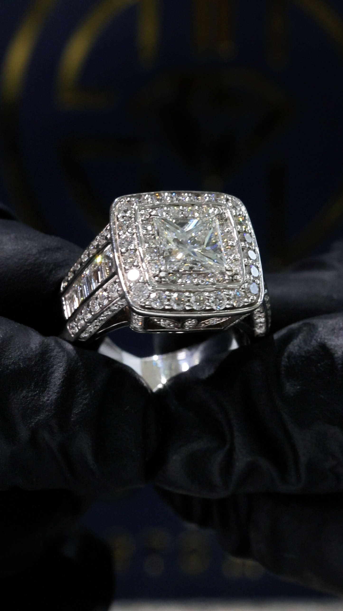 GIA Certified Natural Princess Cut Diamond Engagement Ring with Double Halo Pavé in 14K White Gold | Luxe Cushion Silhouette
