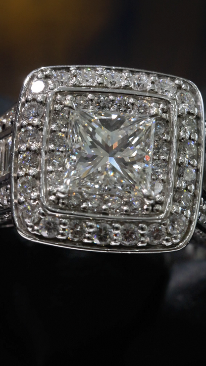 GIA Certified Natural Princess Cut Diamond Engagement Ring with Double Halo Pavé in 14K White Gold | Luxe Cushion Silhouette