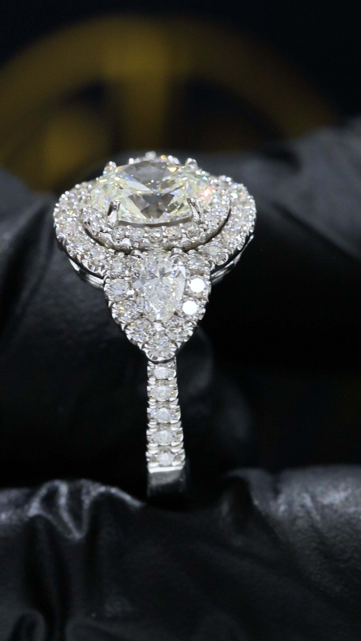 GIA Certified Natural Diamond Halo Engagement Ring with Pear Accent in White Gold | Luxury Double Halo Design