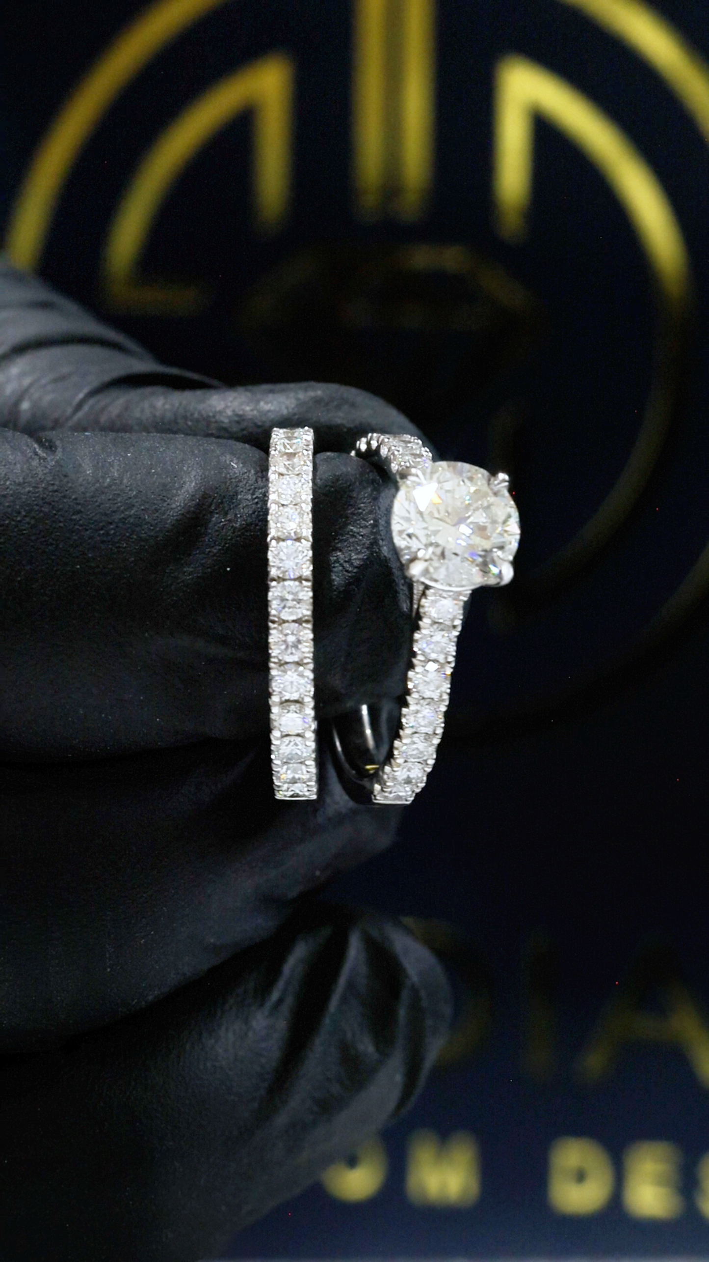GIA Certified Natural Diamond Round Engagement Ring with Double Pavé Band in White Gold | Bridal Set Design