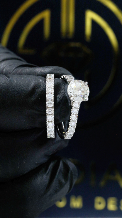 GIA Certified Natural Diamond Round Engagement Ring with Double Pavé Band in White Gold | Bridal Set Design