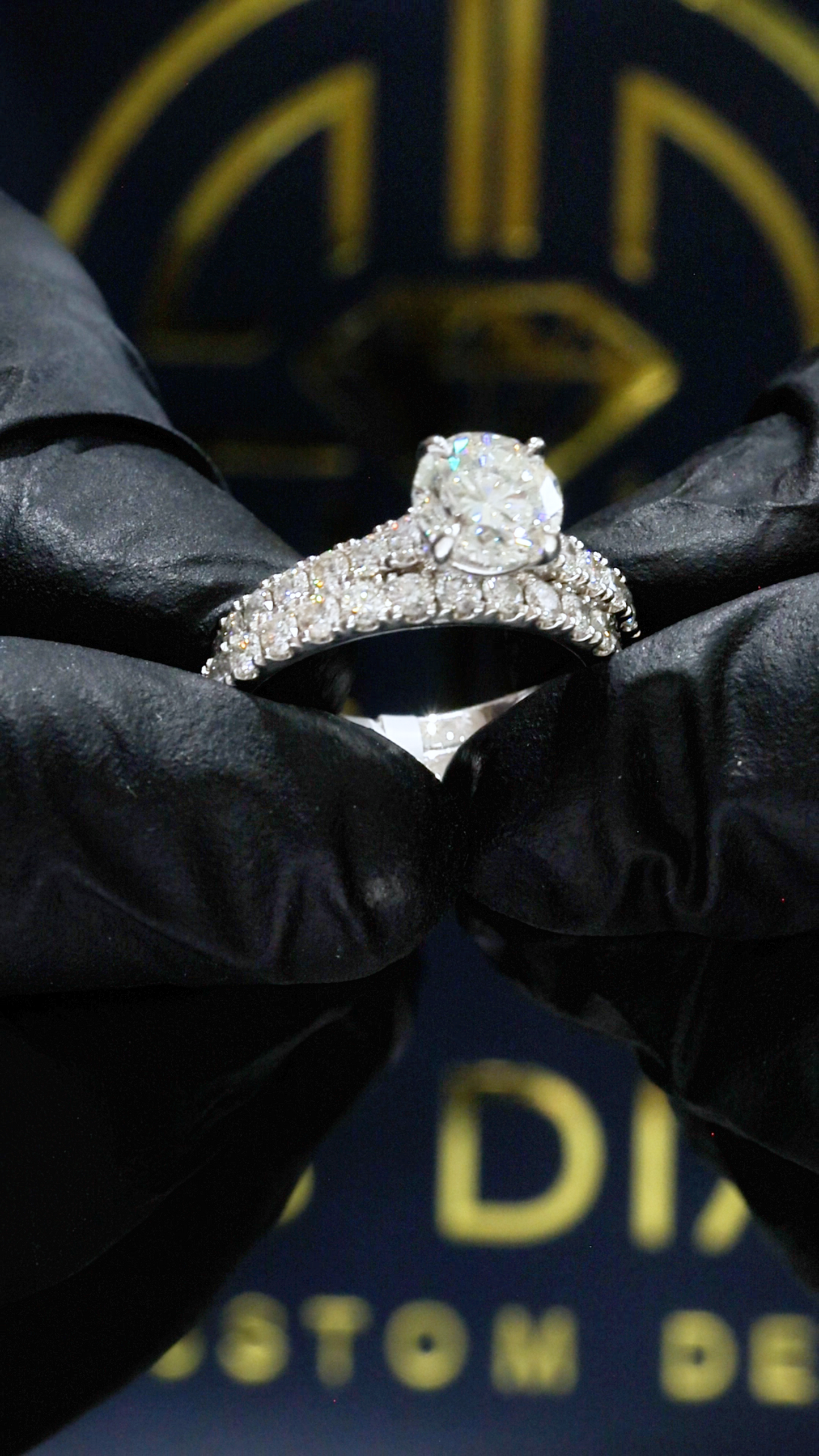 GIA Certified Natural Diamond Round Engagement Ring with Double Pavé Band in White Gold | Bridal Set Design
