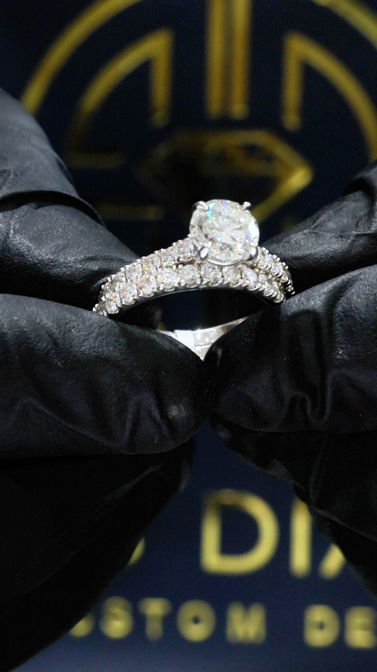 GIA Certified Natural Diamond Round Engagement Ring with Double Pavé Band in White Gold | Bridal Set Design