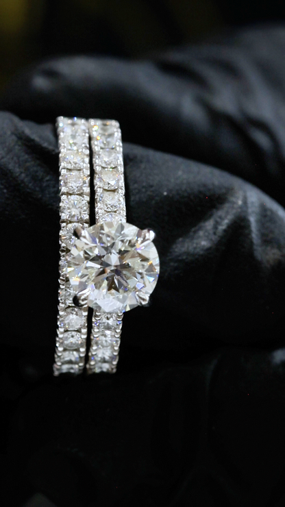 GIA Certified Natural Diamond Round Engagement Ring with Double Pavé Band in White Gold | Bridal Set Design