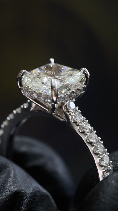 GIA Certified Natural Cushion Diamond Engagement Ring in White Gold | Pavé Solitaire Design