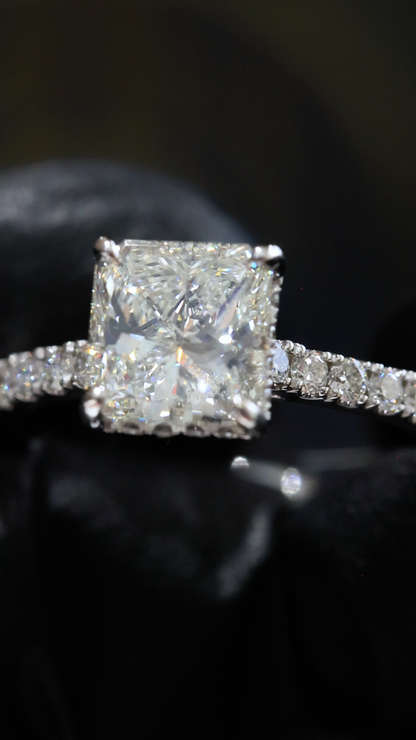 GIA Certified Natural Cushion Diamond Engagement Ring in White Gold | Pavé Solitaire Design