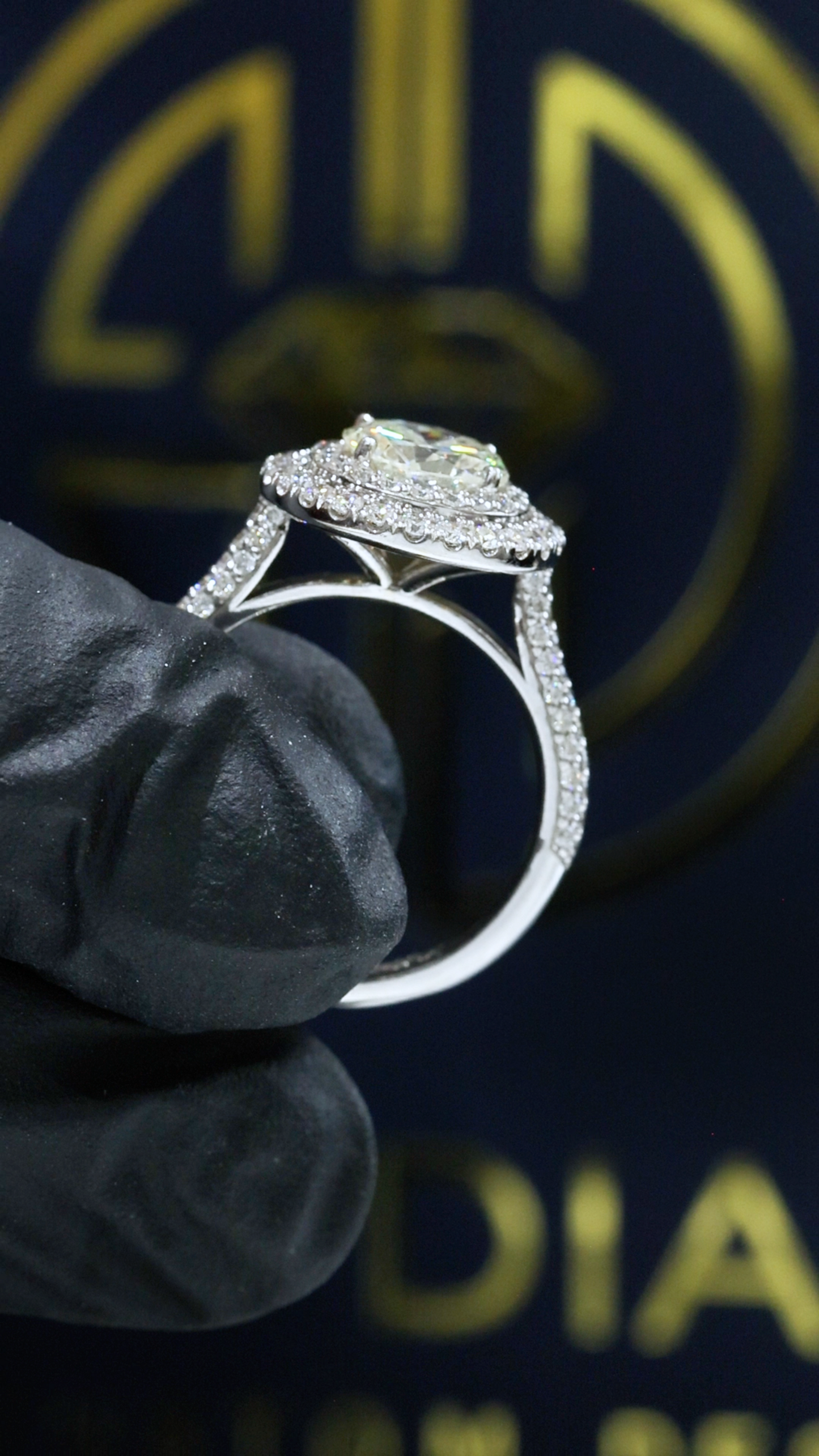 GIA Certified Natural Round Diamond Halo Engagement Ring with Pavé Band in White Gold | Classic Double Halo Design