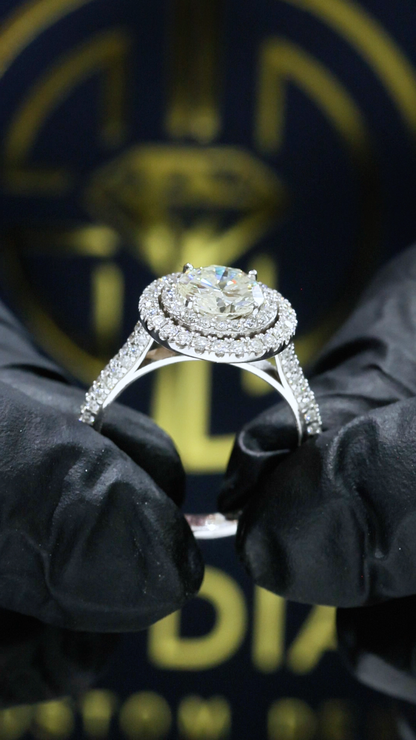 GIA Certified Natural Round Diamond Halo Engagement Ring with Pavé Band in White Gold | Classic Double Halo Design