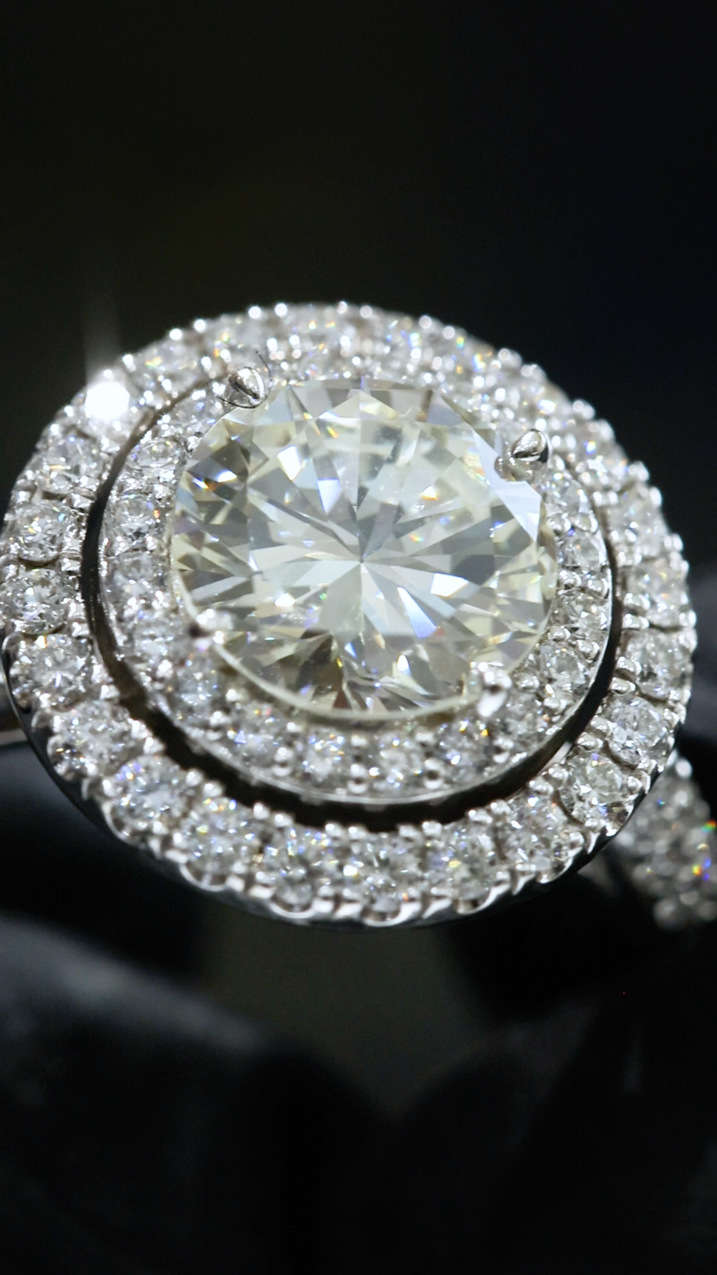 GIA Certified Natural Round Diamond Halo Engagement Ring with Pavé Band in White Gold | Classic Double Halo Design