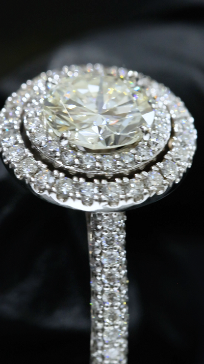 GIA Certified Natural Round Diamond Halo Engagement Ring with Pavé Band in White Gold | Classic Double Halo Design