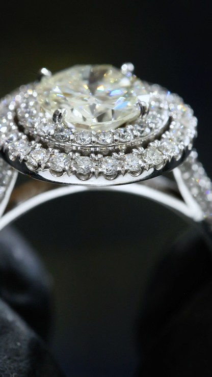 GIA Certified Natural Round Diamond Halo Engagement Ring with Pavé Band in White Gold | Classic Double Halo Design