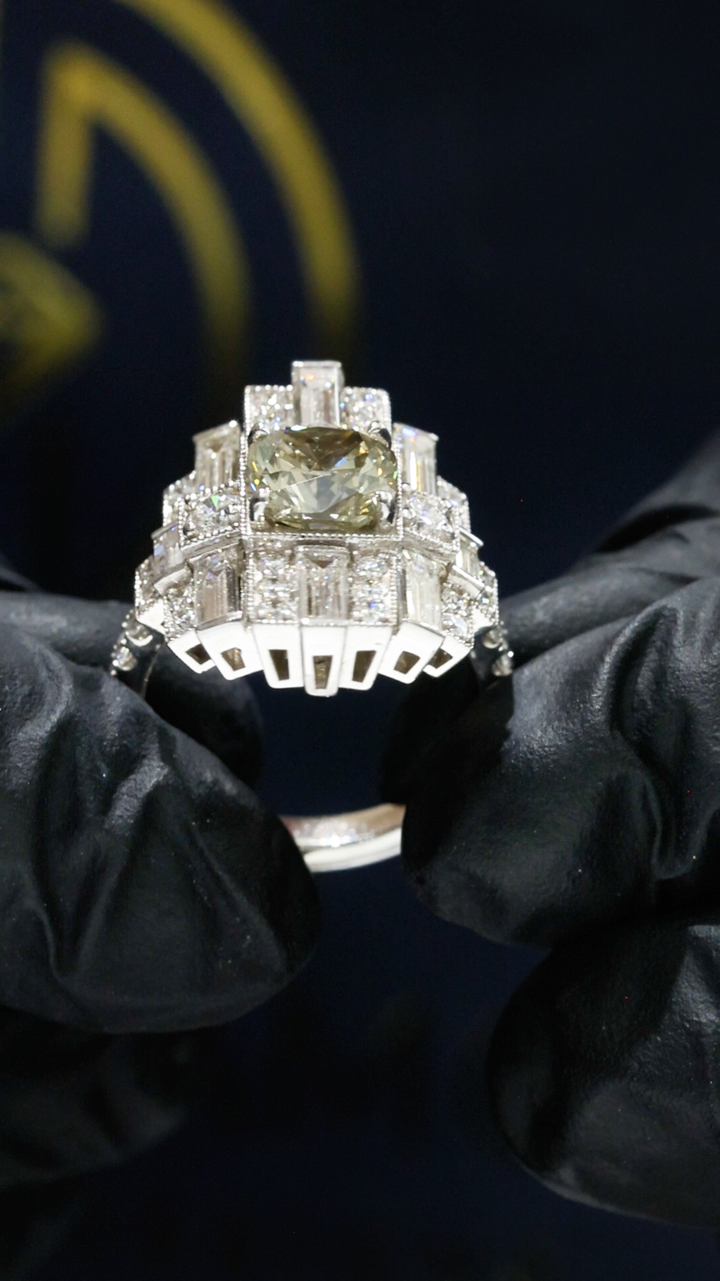 GIA Certified Natural Cushion Cut Diamond Engagement Ring with Baguette Halo in White Gold | Art Deco Statement Design