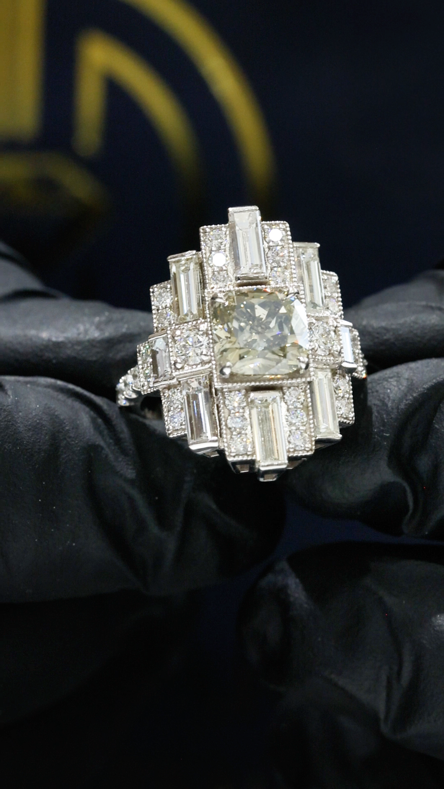GIA Certified Natural Cushion Cut Diamond Engagement Ring with Baguette Halo in White Gold | Art Deco Statement Design