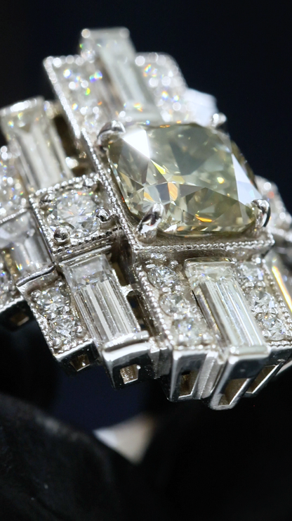 GIA Certified Natural Cushion Cut Diamond Engagement Ring with Baguette Halo in White Gold | Art Deco Statement Design
