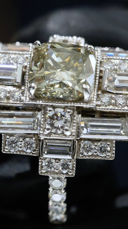 GIA Certified Natural Cushion Cut Diamond Engagement Ring with Baguette Halo in White Gold | Art Deco Statement Design