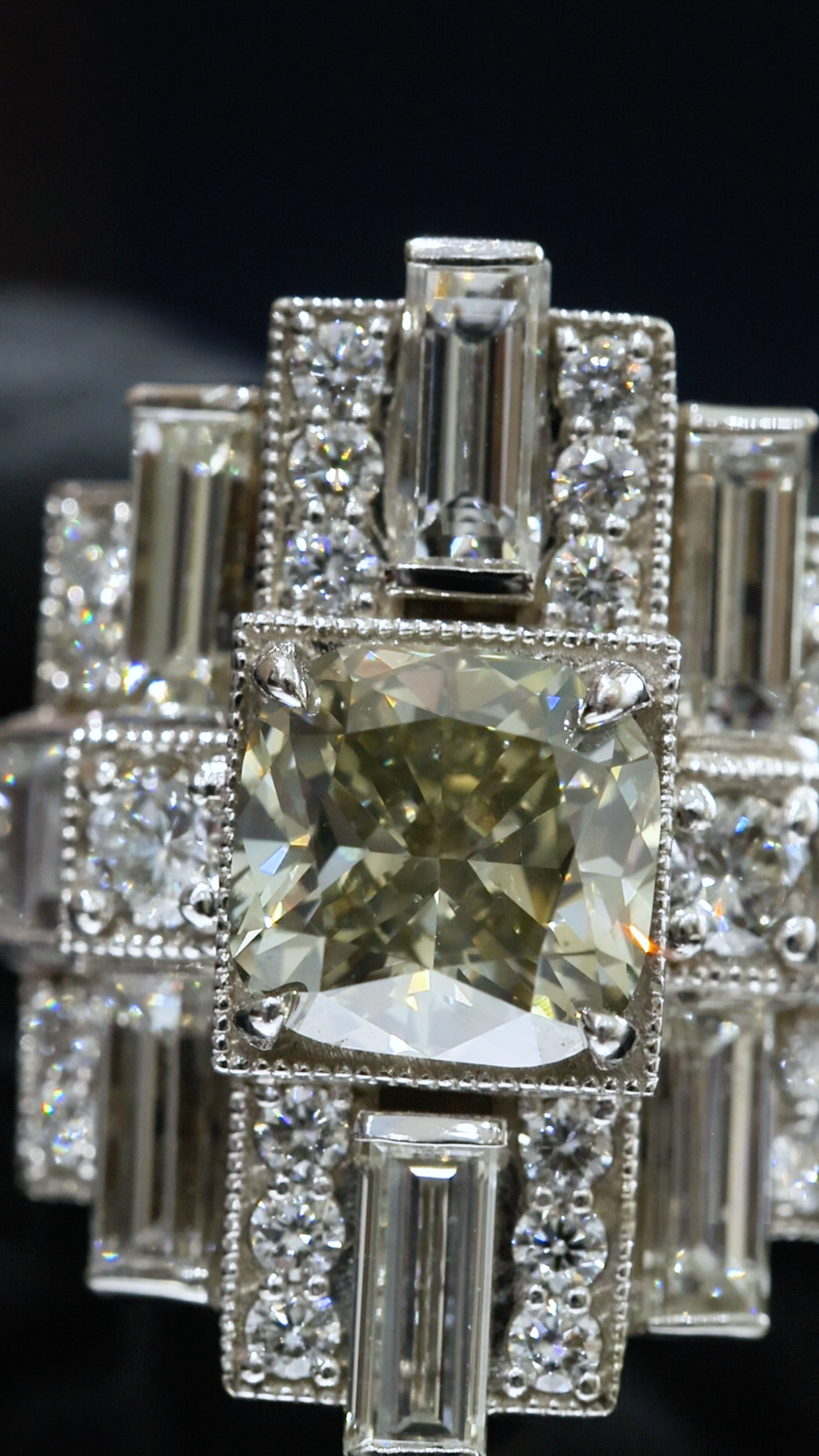 GIA Certified Natural Cushion Cut Diamond Engagement Ring with Baguette Halo in White Gold | Art Deco Statement Design