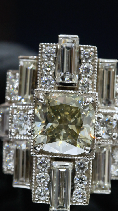 GIA Certified Natural Cushion Cut Diamond Engagement Ring with Baguette Halo in White Gold | Art Deco Statement Design