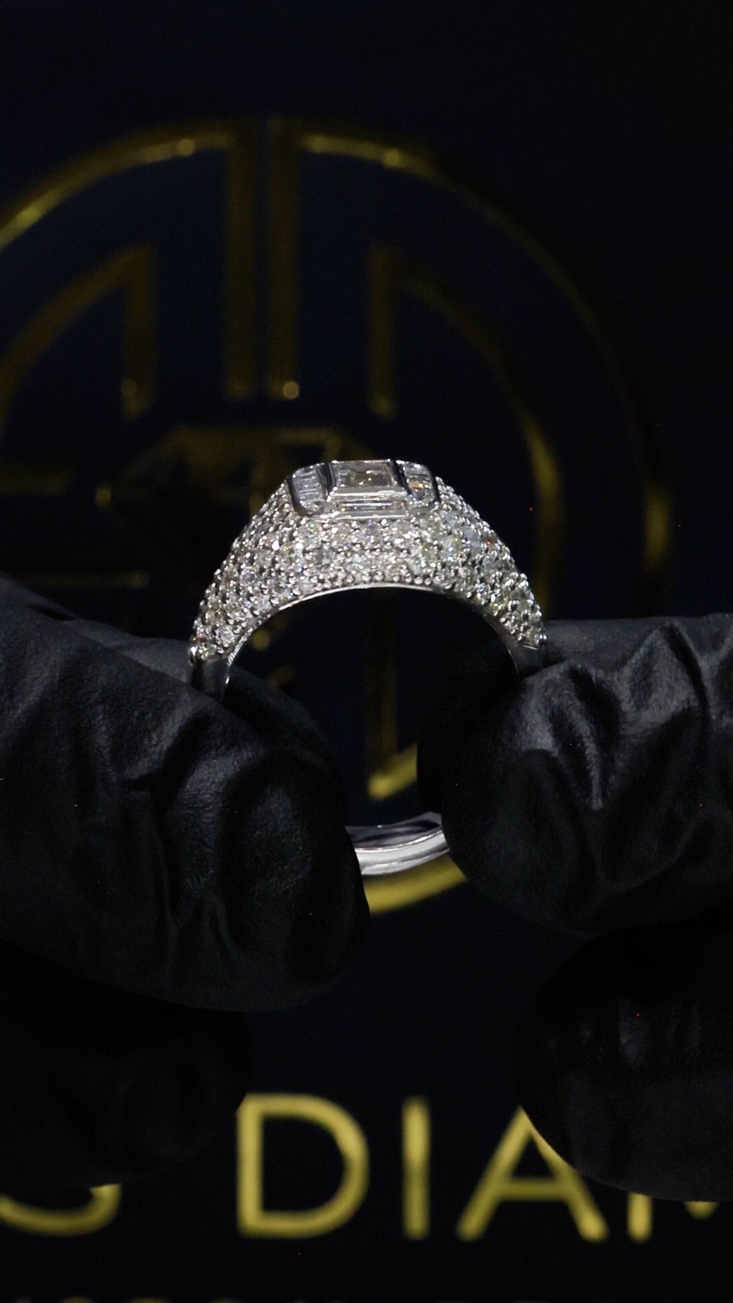 Emerald-Cut Diamond Pavé Halo Engagement Ring in White Gold | Bold Luxury Statement Design