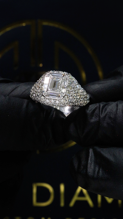 Emerald-Cut Diamond Pavé Halo Engagement Ring in White Gold | Bold Luxury Statement Design