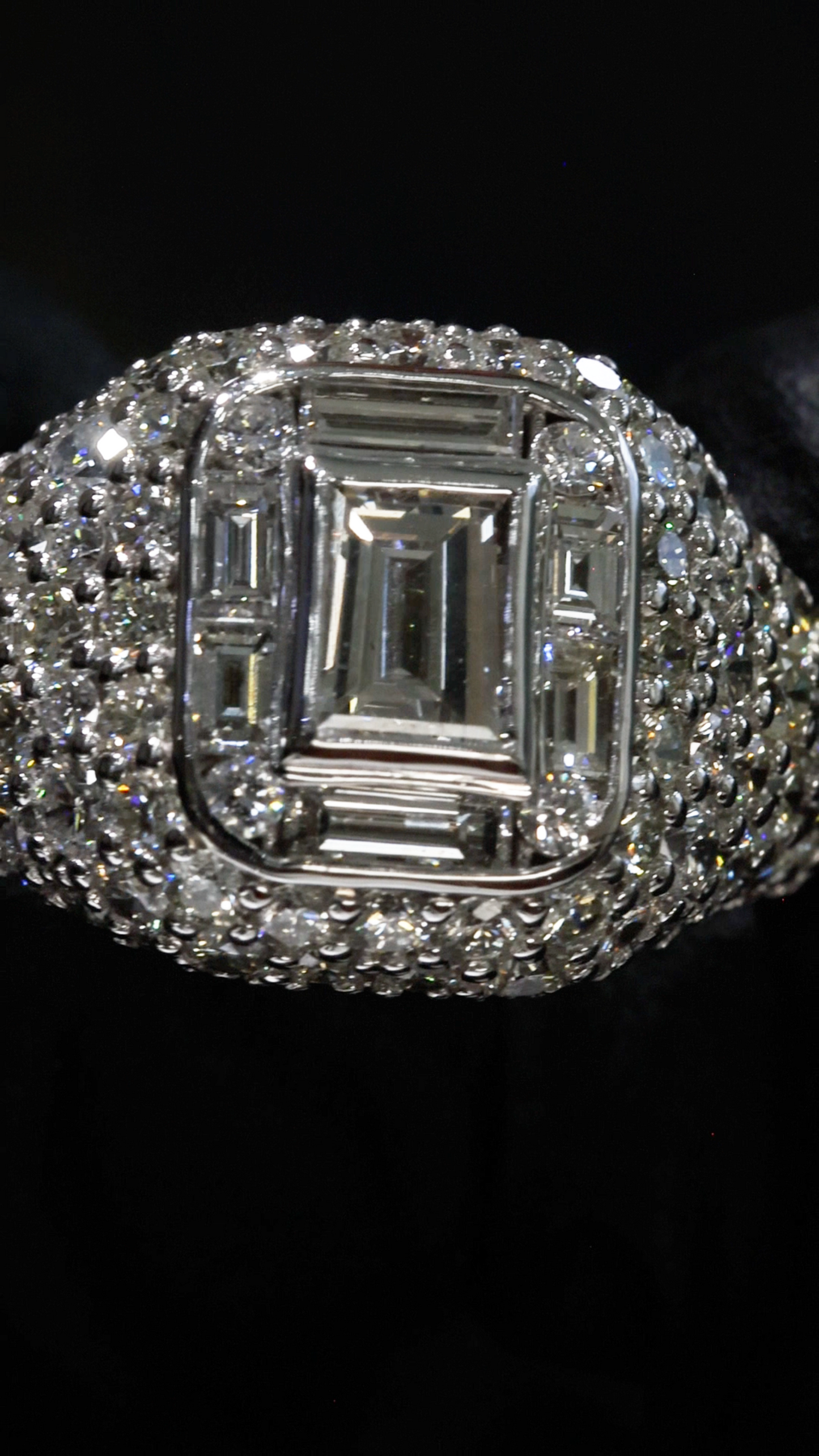 Emerald-Cut Diamond Pavé Halo Engagement Ring in White Gold | Bold Luxury Statement Design