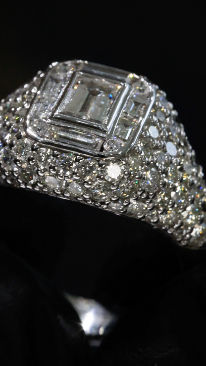 Emerald-Cut Diamond Pavé Halo Engagement Ring in White Gold | Bold Luxury Statement Design