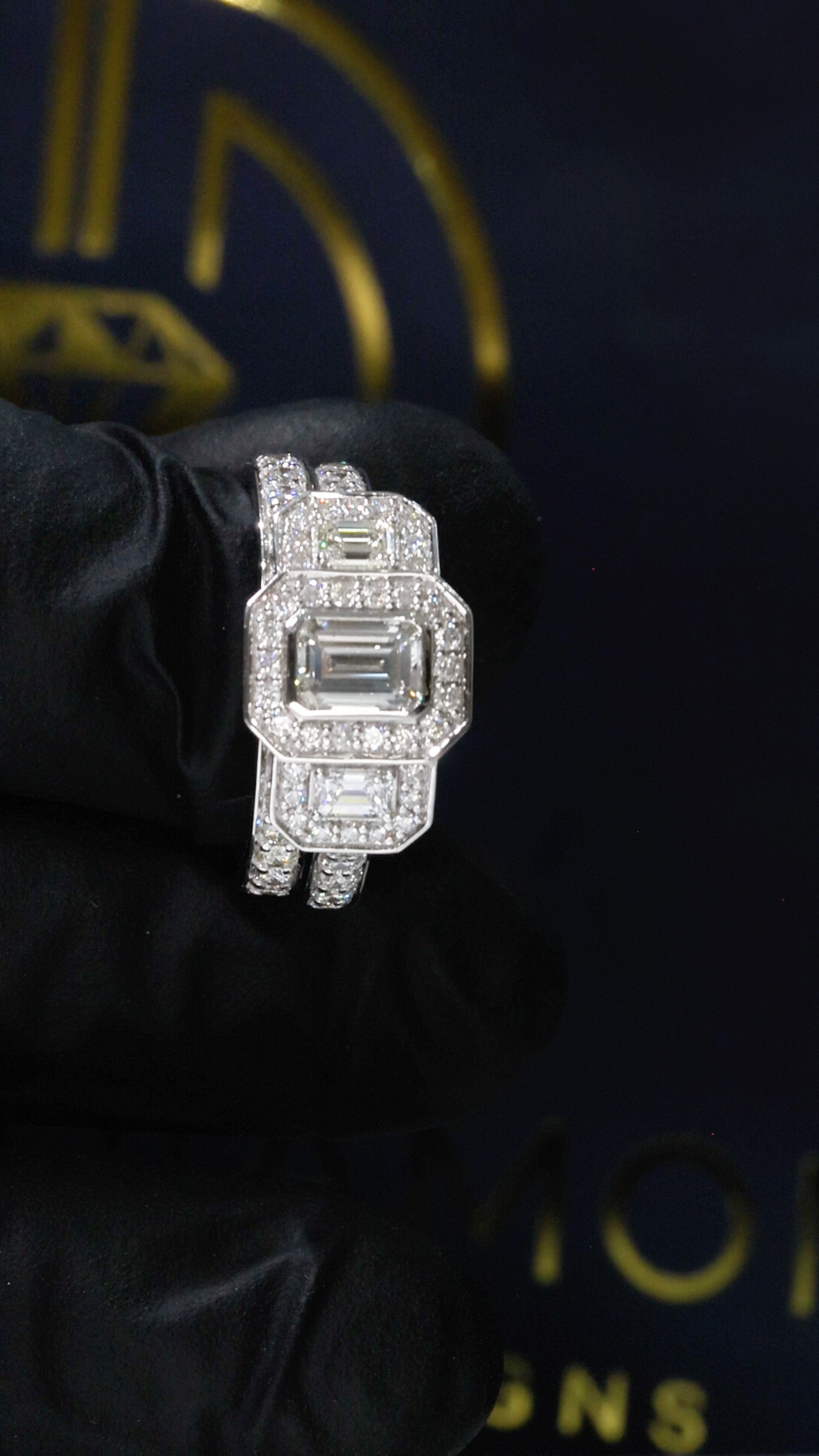 Natural Emerald-Cut Diamond Halo Engagement Ring with Double Halo Accents in White Gold | Luxe Statement Design