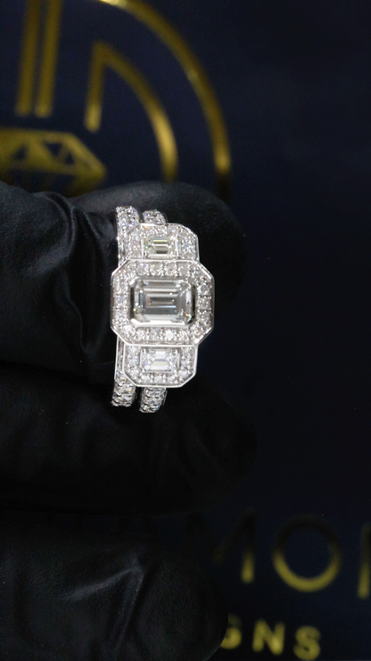 Natural Emerald-Cut Diamond Halo Engagement Ring with Double Halo Accents in White Gold | Luxe Statement Design