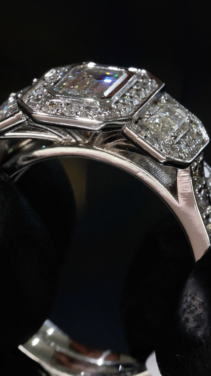 Natural Emerald-Cut Diamond Halo Engagement Ring with Double Halo Accents in White Gold | Luxe Statement Design