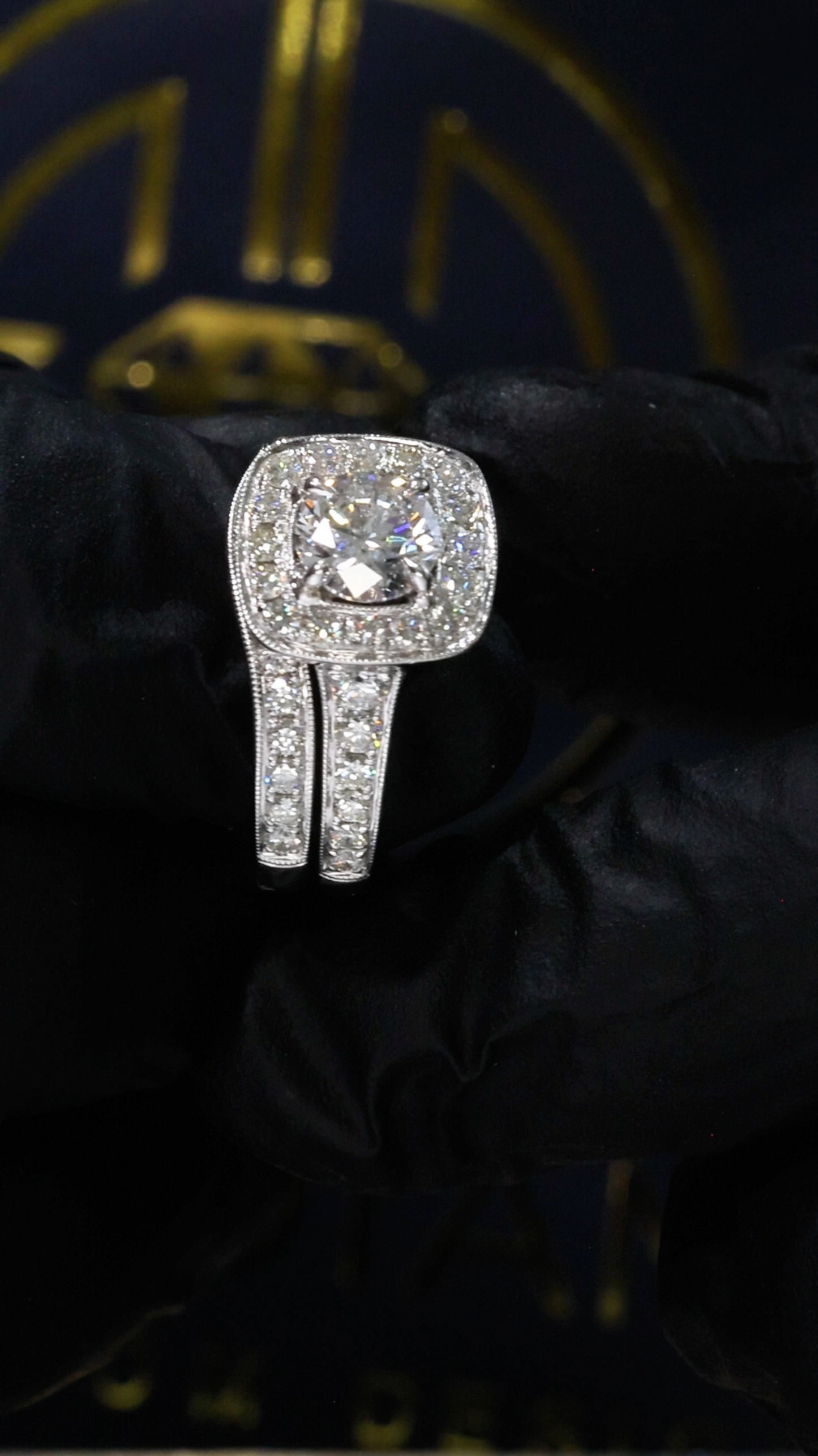 Natural Diamond Cushion Halo Engagement Ring with Split Shank in White Gold | Luxury Bridal Set Design
