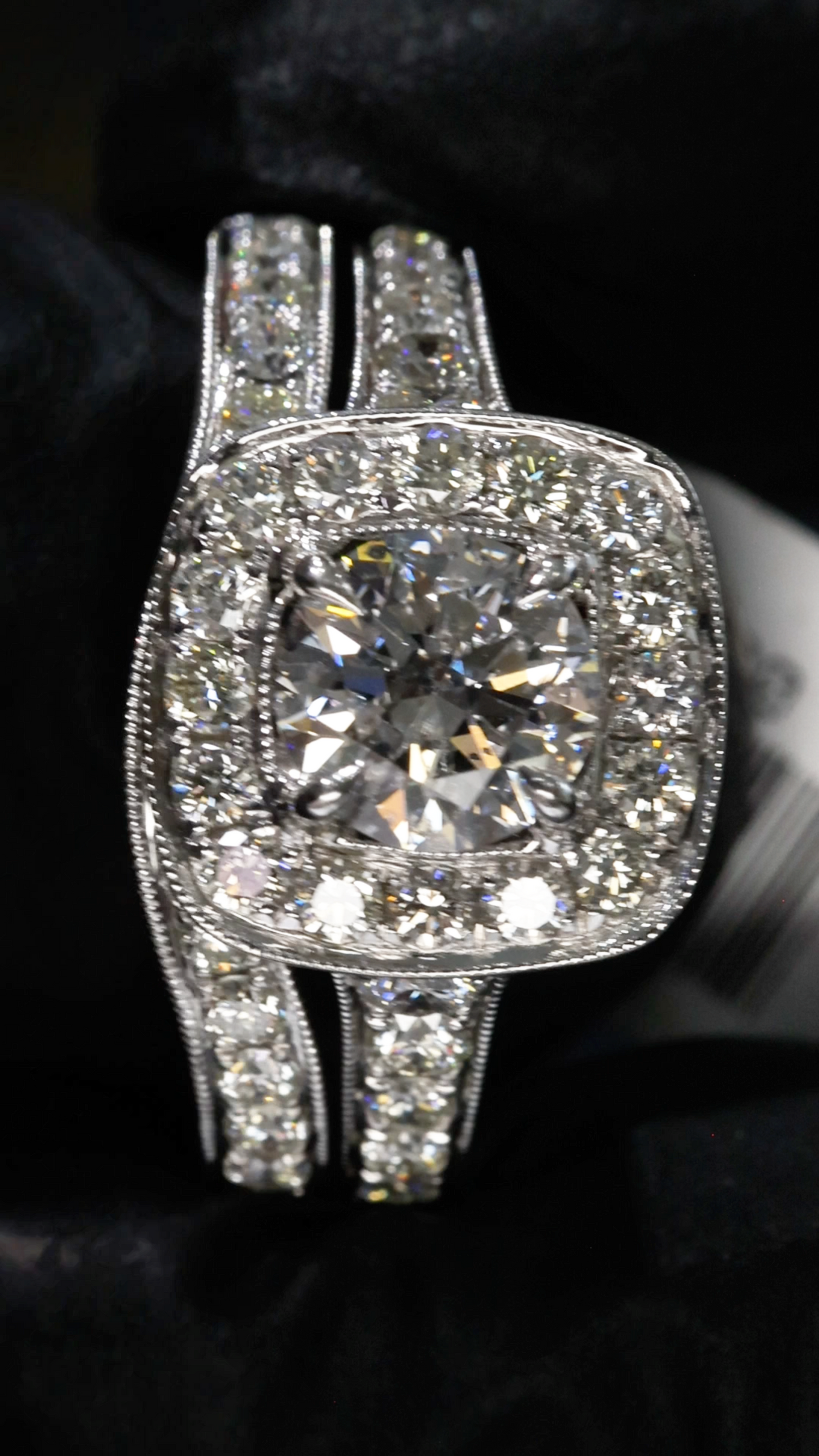 Natural Diamond Cushion Halo Engagement Ring with Split Shank in White Gold | Luxury Bridal Set Design
