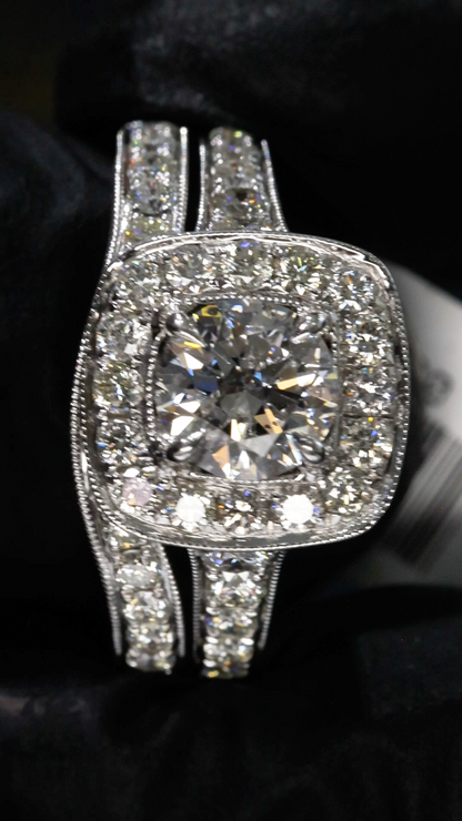 Natural Diamond Cushion Halo Engagement Ring with Split Shank in White Gold | Luxury Bridal Set Design