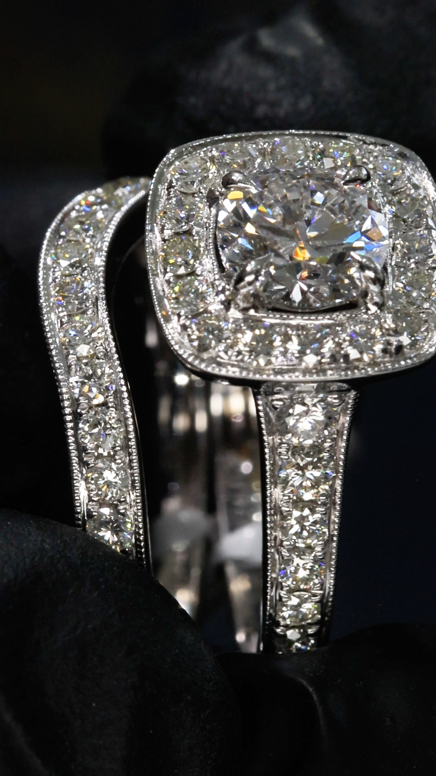 Natural Diamond Cushion Halo Engagement Ring with Split Shank in White Gold | Luxury Bridal Set Design