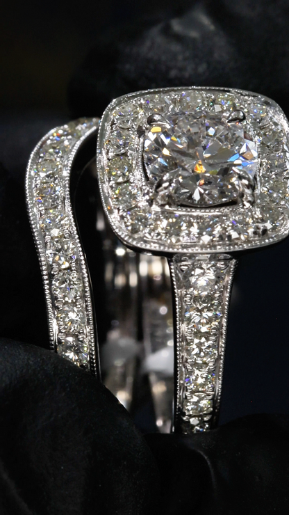 Natural Diamond Cushion Halo Engagement Ring with Split Shank in White Gold | Luxury Bridal Set Design