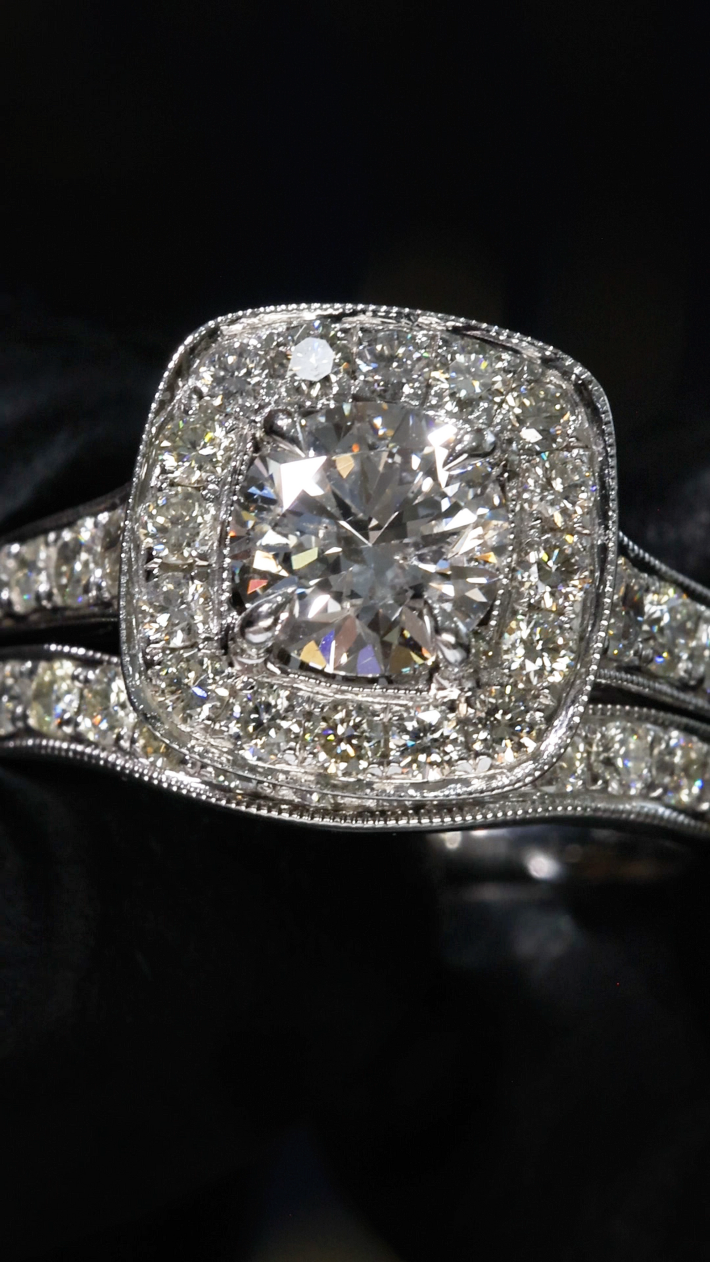 Natural Diamond Cushion Halo Engagement Ring with Split Shank in White Gold | Luxury Bridal Set Design