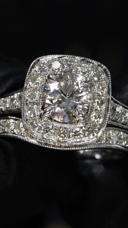 Natural Diamond Cushion Halo Engagement Ring with Split Shank in White Gold | Luxury Bridal Set Design