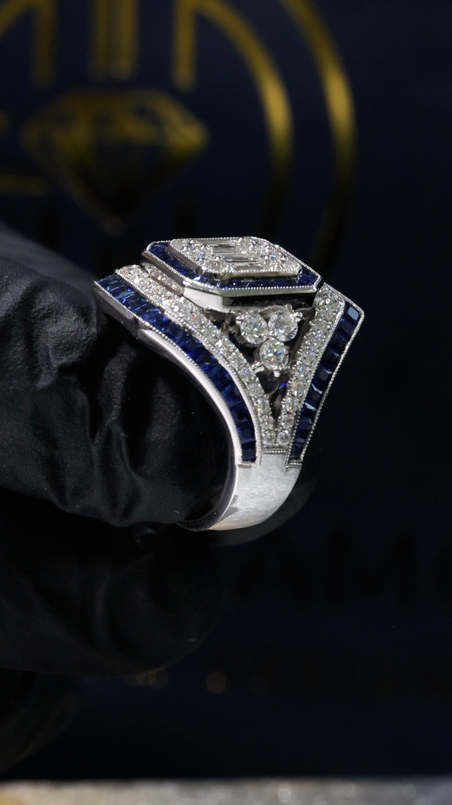 Natural Emerald Cut Diamond & Blue Sapphire Halo Engagement Ring in White Gold | Art Deco Inspired Design
