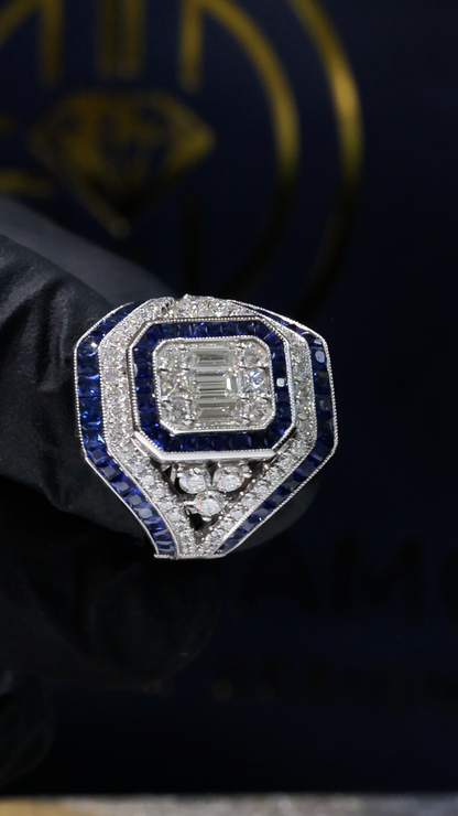 Natural Emerald Cut Diamond & Blue Sapphire Halo Engagement Ring in White Gold | Art Deco Inspired Design