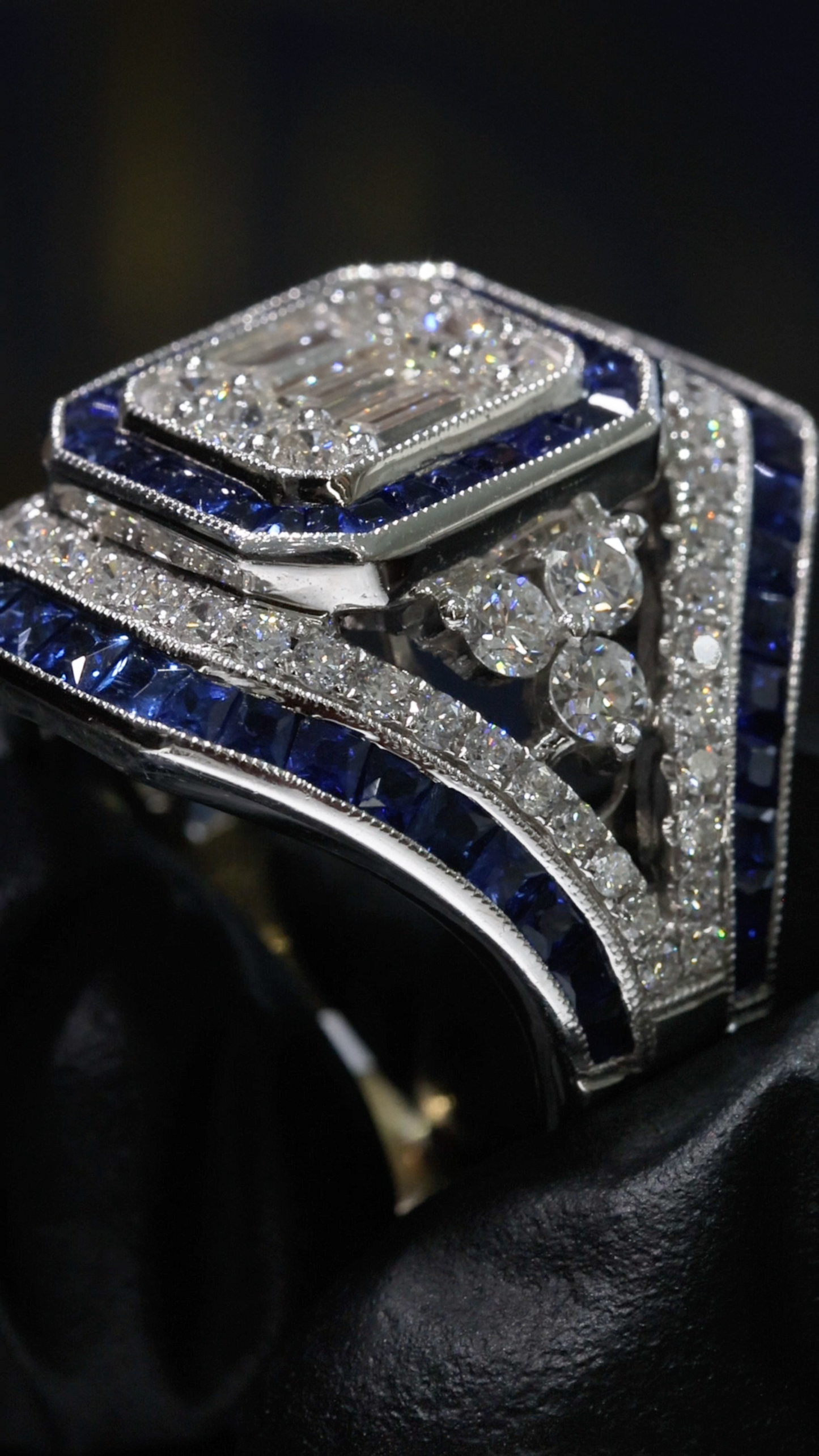 Natural Emerald Cut Diamond & Blue Sapphire Halo Engagement Ring in White Gold | Art Deco Inspired Design