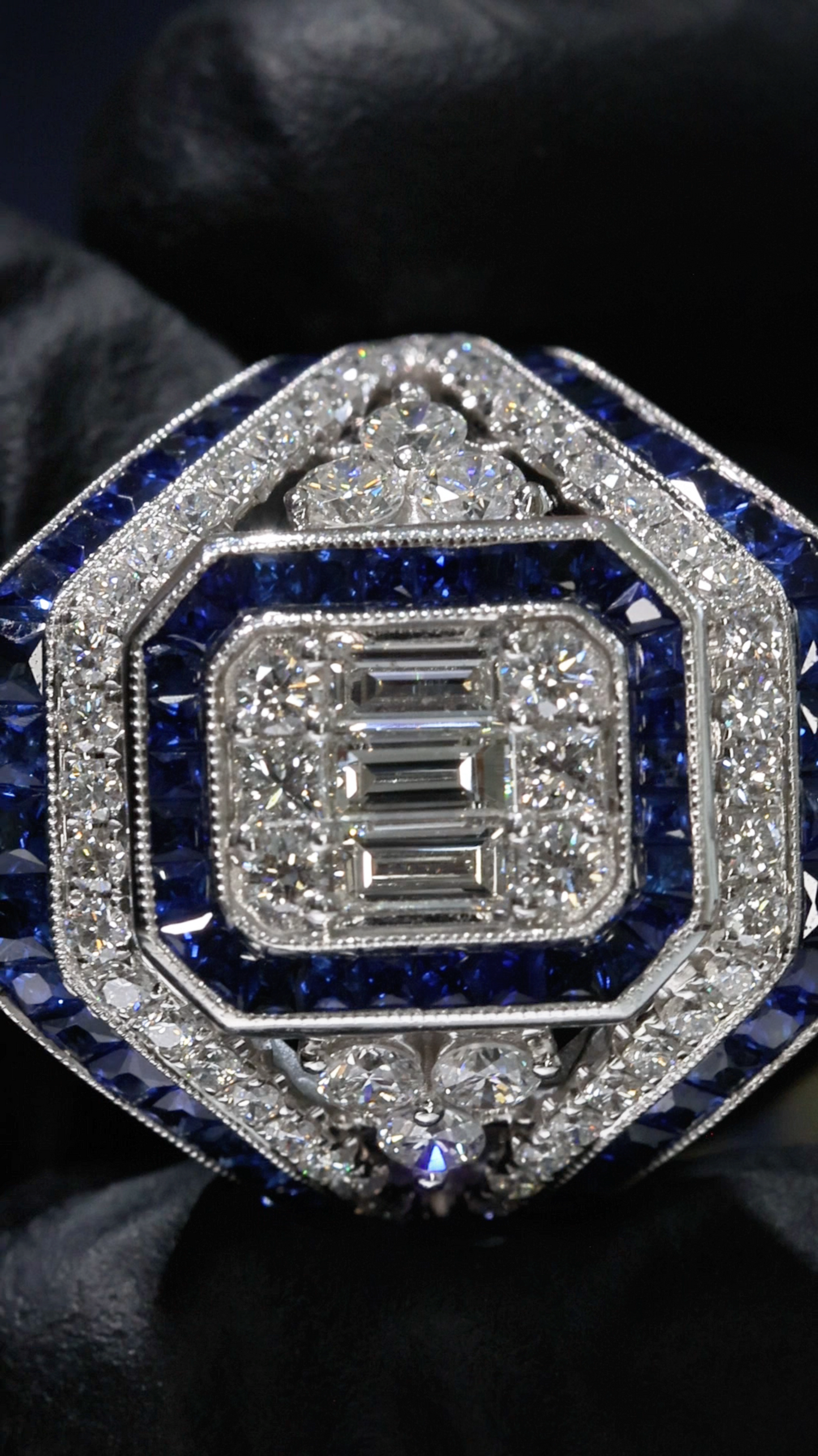 Natural Emerald Cut Diamond & Blue Sapphire Halo Engagement Ring in White Gold | Art Deco Inspired Design