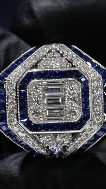 Natural Emerald Cut Diamond & Blue Sapphire Halo Engagement Ring in White Gold | Art Deco Inspired Design