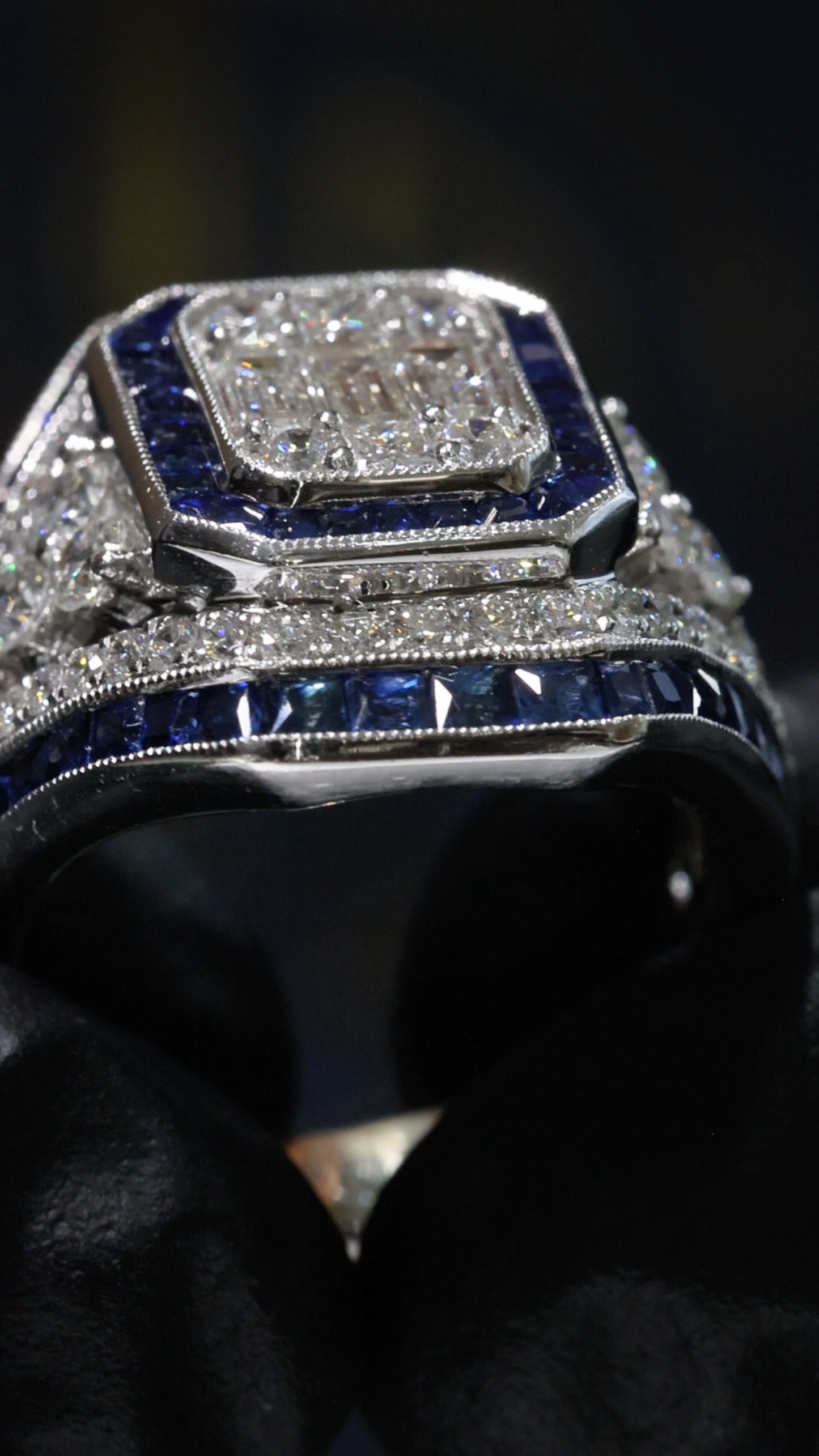 Natural Emerald Cut Diamond & Blue Sapphire Halo Engagement Ring in White Gold | Art Deco Inspired Design