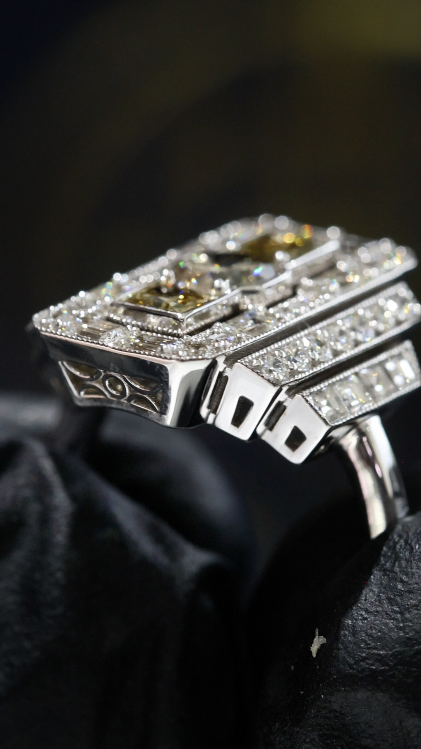GIA Certified Natural Diamond Fancy Halo Engagement Ring in White Gold | Architectural Multi-Halo Design