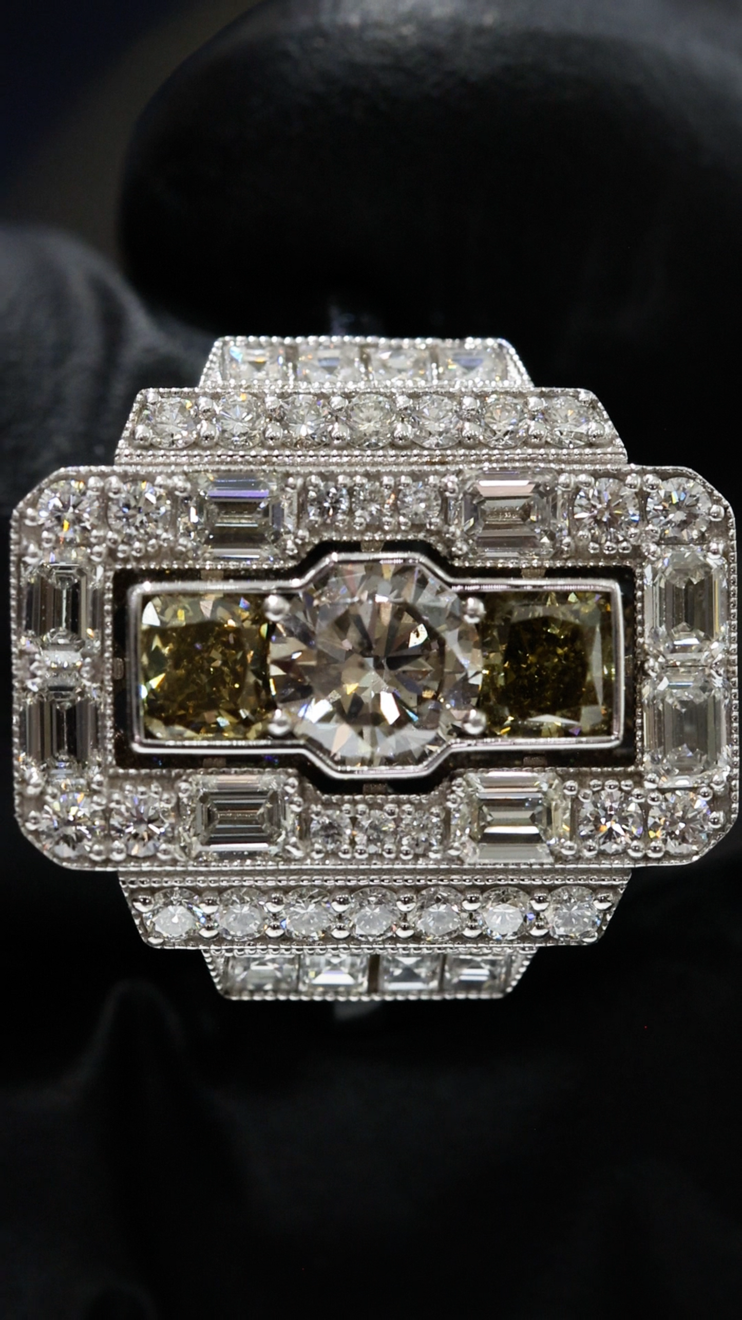 GIA Certified Natural Diamond Fancy Halo Engagement Ring in White Gold | Architectural Multi-Halo Design